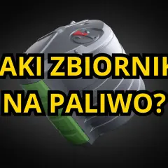 Szary karnister z zielonymi elementami i żółtym napisem "JAKI ZBIORNIK NA PALIWO?".