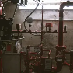 System rurka przeciwpożarowych z czerwonymi zaworami i manometrami. Widać tabliczkę "IN CASE OF FIRE".