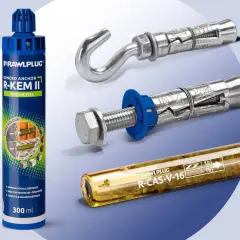 Mocowanie chemiczne i mechaniczne: klej R-Kem II, kotwy z hakiem i śrubą, ampułka R-CAS-V-16.
