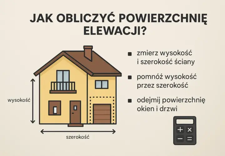 Obliczanie powierzchni elewacji: zmierz wysokość i szerokość, pomnóż, odejmij okna/drzwi. Kluczowe dla ustalenia elewacja cena za m2 robocizna.