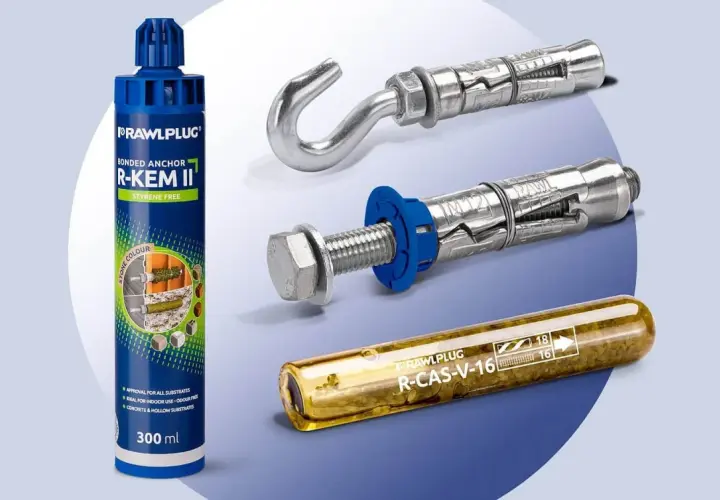 Mocowanie chemiczne i mechaniczne: klej R-Kem II, kotwy z hakiem i śrubą, ampułka R-CAS-V-16.