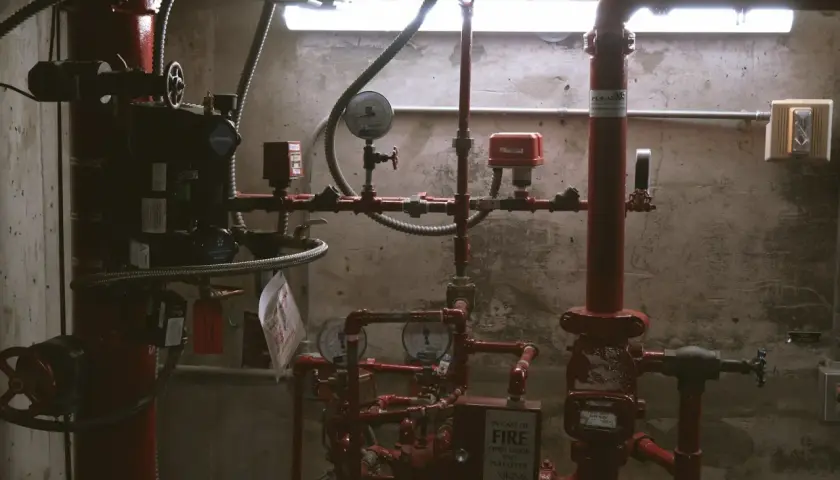 System rurka przeciwpożarowych z czerwonymi zaworami i manometrami. Widać tabliczkę "IN CASE OF FIRE".