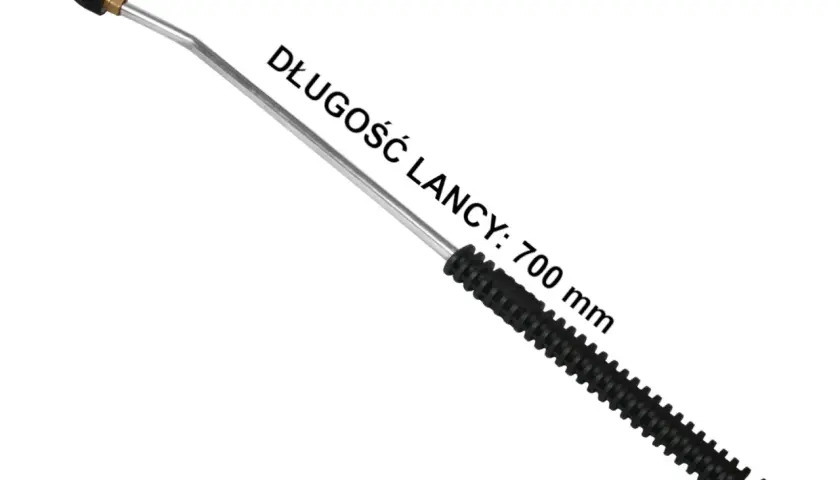 Metalowa lanca do myjki ciśnieniowej, długość 700 mm, z czarną, antypoślizgową rękojeścią.