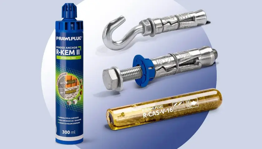 Mocowanie chemiczne i mechaniczne: klej R-Kem II, kotwy z hakiem i śrubą, ampułka R-CAS-V-16.