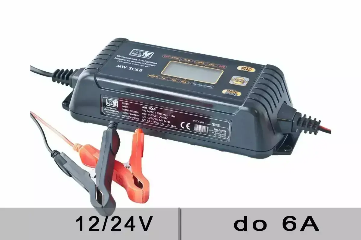Inteligentna ładowarka akumulatorowa 12/24V do 6A, z wyświetlaczem i zaciskami do podłączenia.