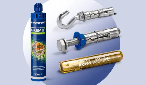 Mocowanie chemiczne i mechaniczne: klej R-Kem II, kotwy z hakiem i śrubą, ampułka R-CAS-V-16.
